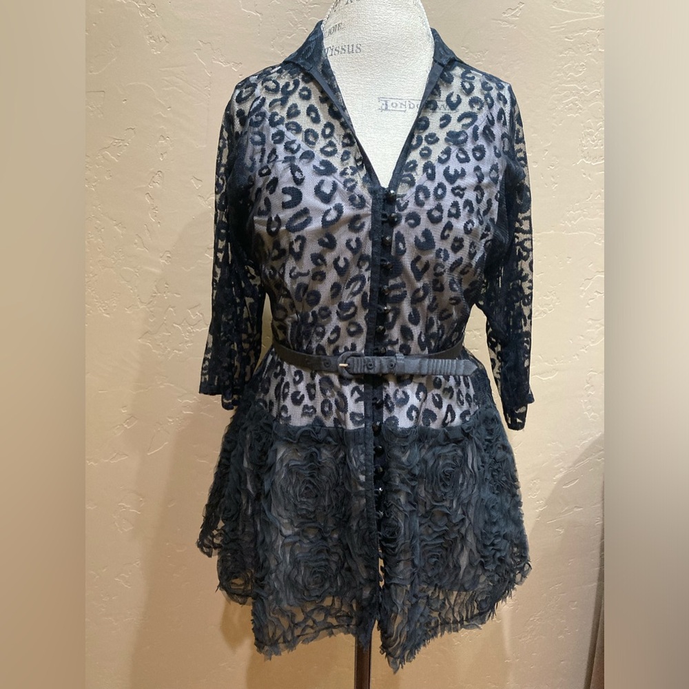 Byron Lars Beauty Mark Black Lace Leopard Blouse, Size 8